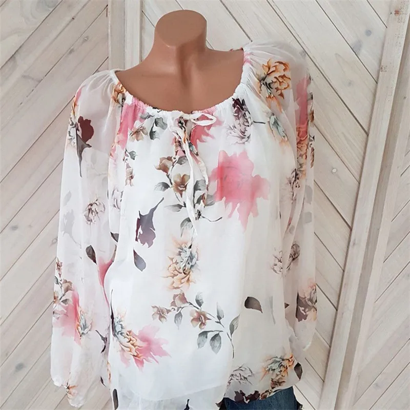Blusa informal de manga larga para mujer, blusa de talla grande, camisetas y blusas sueltas con cordones florales