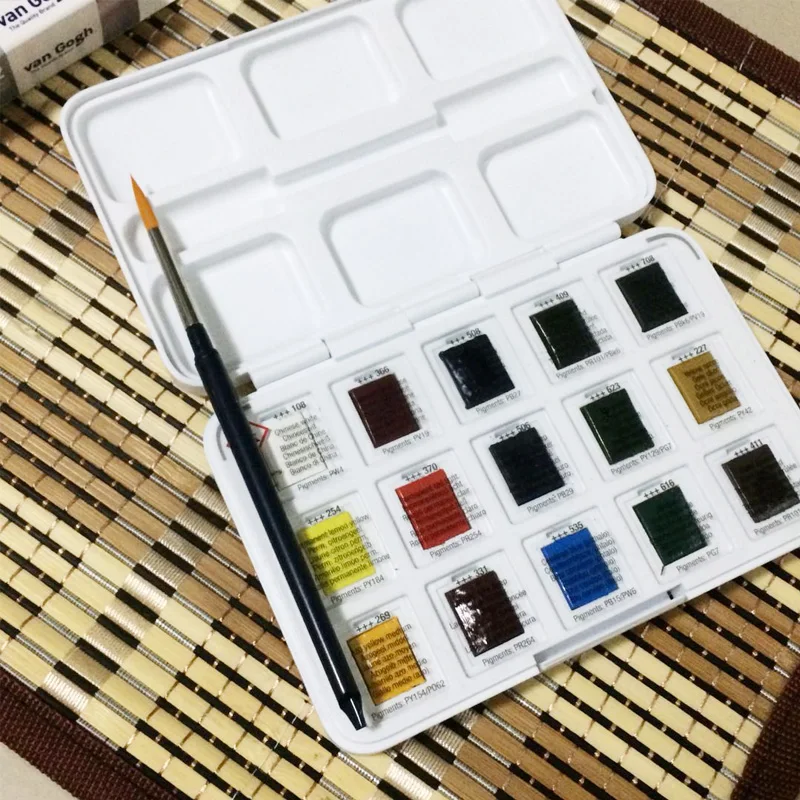 Van Gogh Solid Watercolor Set 15color New Pack with Brush Watercolor Set Aquarela Acuarelas Profesionales Art Supplies