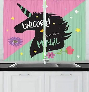 

Baby Pink Almond Green Fantasy Kitchen Curtains Pattern Unicorn Magic Mane Horn Floral Starburst Window Drapes