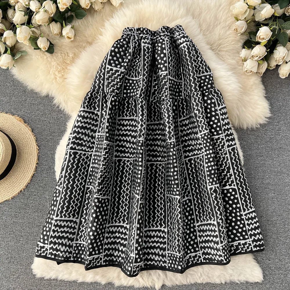 black pencil skirt [EWQ] Fashion Spring 2022 Striped Jacquard Design Women New High Waist Fold Mid-calf A-line Bubble Skirt Female Tide 16R1486 long skirts