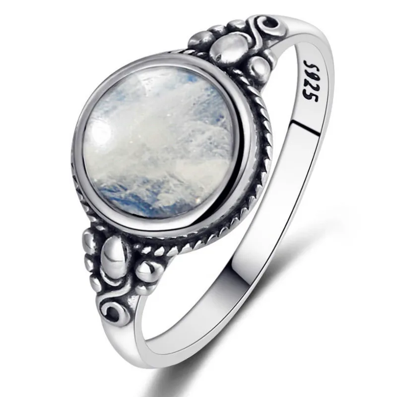 Men And Women 925 Sterling Silver Jewelry Ring Round 8MM Natural Moonstone Ring Bohemian Style Engagement Wedding Party Gift silver rings silver ring wedding rings