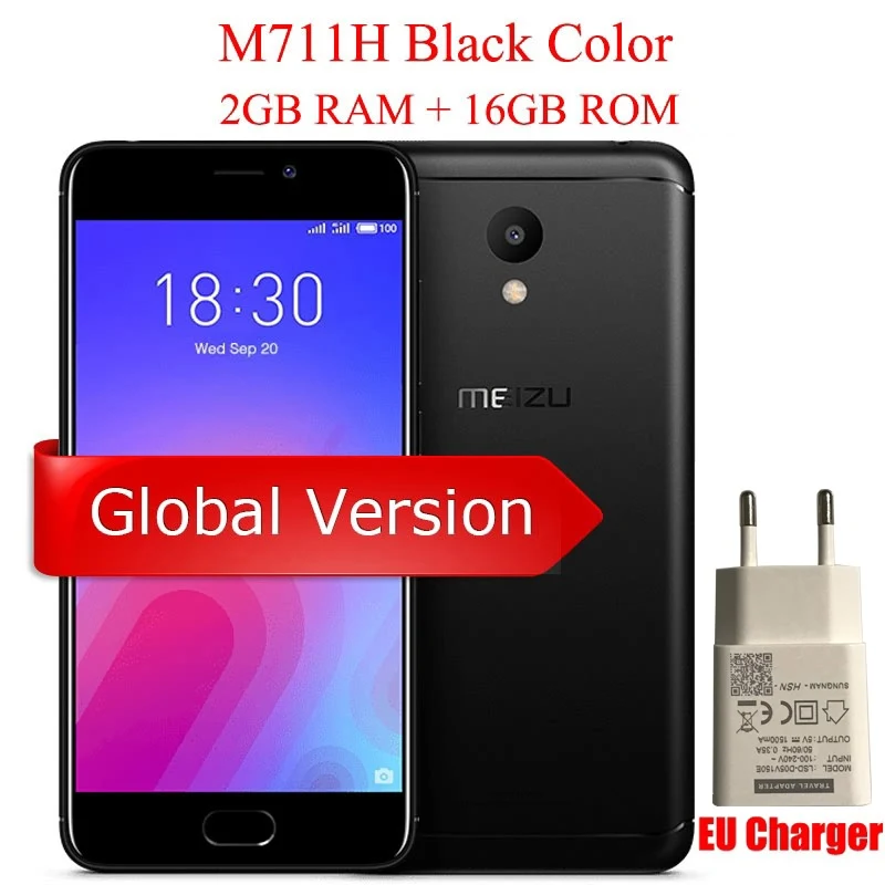 EU Black 2G 16G Meizu M6, 2 ГБ, 16 ГБ, мобильный телефон, 5,2 дюймов, 1280x720, экран MTK6750, четыре ядра, 13 МП, камера f/2,2, 3070 мАч, отпечаток пальца, Android 7,0 - Цвет: EU Black 2G 16G