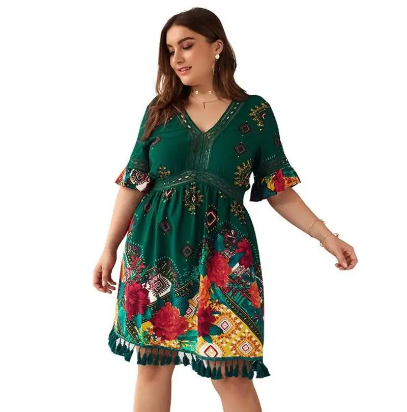 

Large Size Loose Printed Bohemian Beach Dress Summer Leisure Vacation short Sleeve V-neck High Waist Dress Plus Size CL110