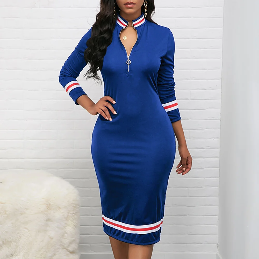 Royal Blue Водолазка на молнии, Полосатое платье для женщин, черное с длинным рукавом, женское облегающее платье, осень, до колена, для офиса, для работы, платье-карандаш, миди - Цвет: Royal Blue