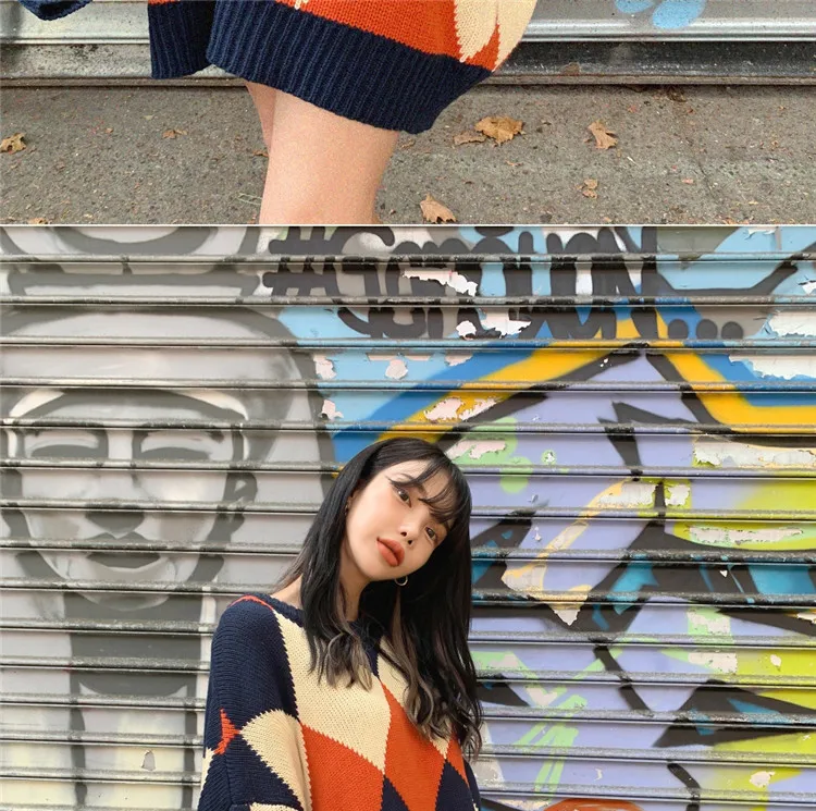 Осенний и зимний длинный шерстяной свитер Han Guochao, свободный, большой размер, цвет, ромбовидная решетка, ленивый, свободный, для волос