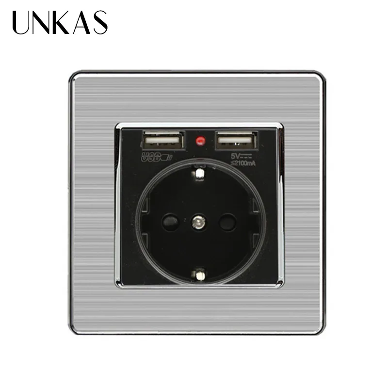 

UNKAS Black Dual USB Charging Port 5V 2.1A Wall Charger Adapter LED Indicator 16A EU Socket Power Outlet Stainless Steel