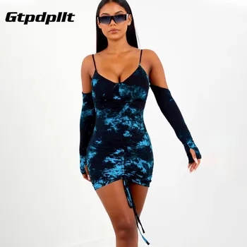 

Gtpdpllt Sexy Hot Drawstring Tie Dye Mini Dress Women Open Shoulder V Neck Bodycon Dresses Fashion Long Sleeve Party Clubwear
