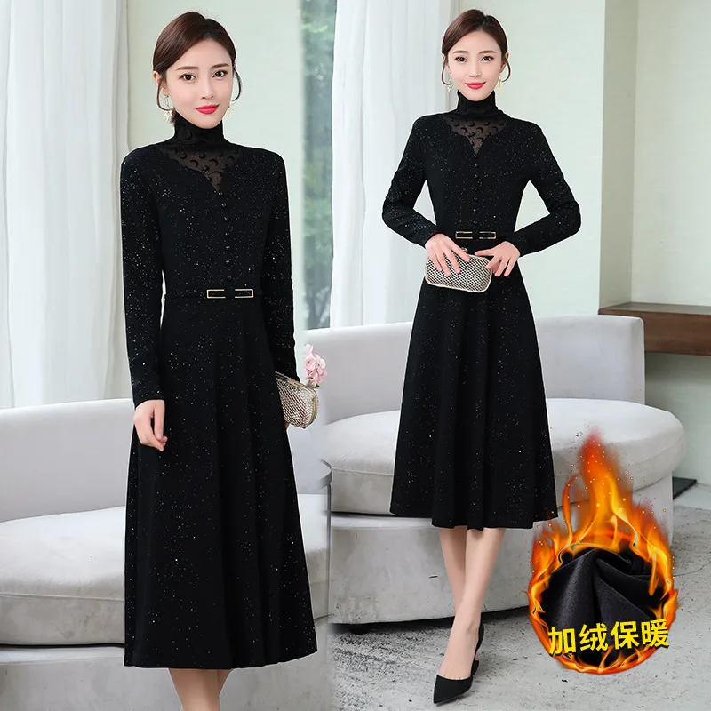 

Fall And Winter Clothes 2019 New Style Dress Women's Long over-the-Knee Brushed And Thick Elegant Long Sleeve Slim Fit Slimming