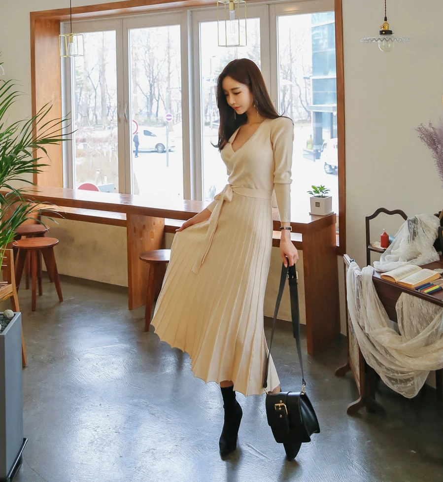 HAMALIEL, корейский стиль, женское сексуальное вязаное длинное плиссированное платье с v-образным вырезом, Осень-зима, бежевый цвет, длинный рукав, с поясом, платье-свитер