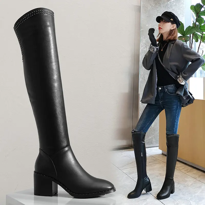 Boots Women genuine Leather knee High Boots Chunky High Heels Knee High Boots Autumn Winter party dress shoes woman