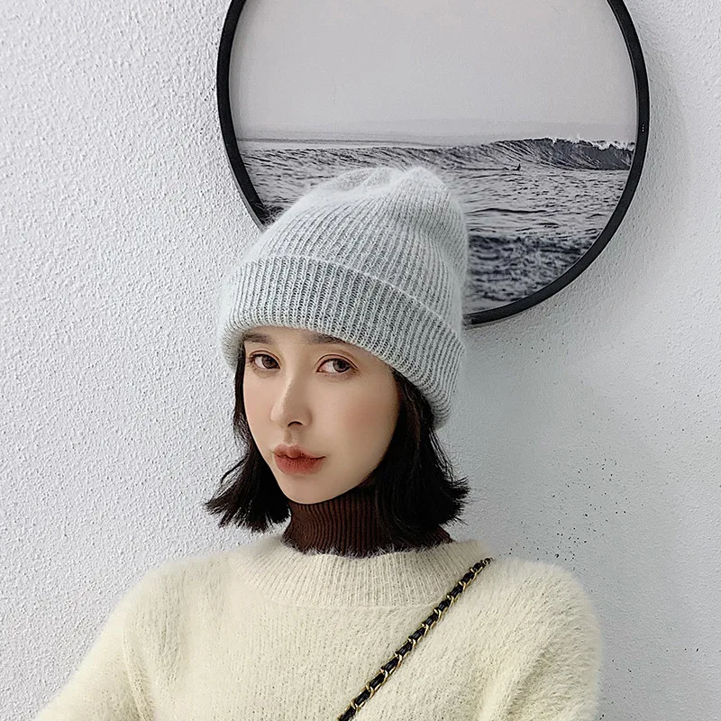 

new simple Rabbit fur Beanie Hat for Women Winter Skullies Warm Gravity Falls Cap Gorros Female Cap