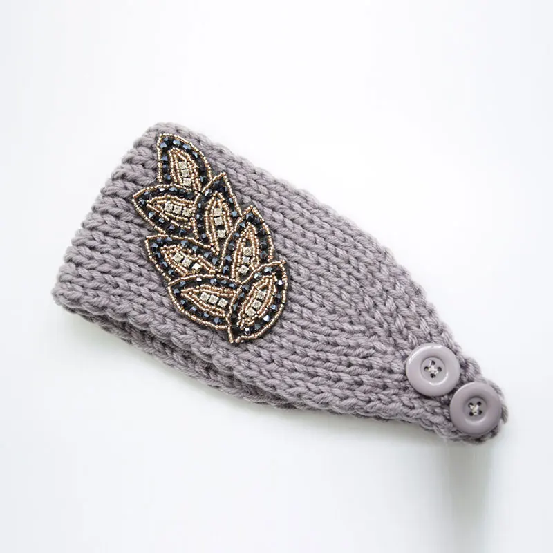 grey Листья, зимние стразы, широкая повязка на волосы "тюрбан", вязаная повязка на голову, повязка для женщин, девушек, теплые уши, аксессуары для волос, повязка на голову - Цвет: grey