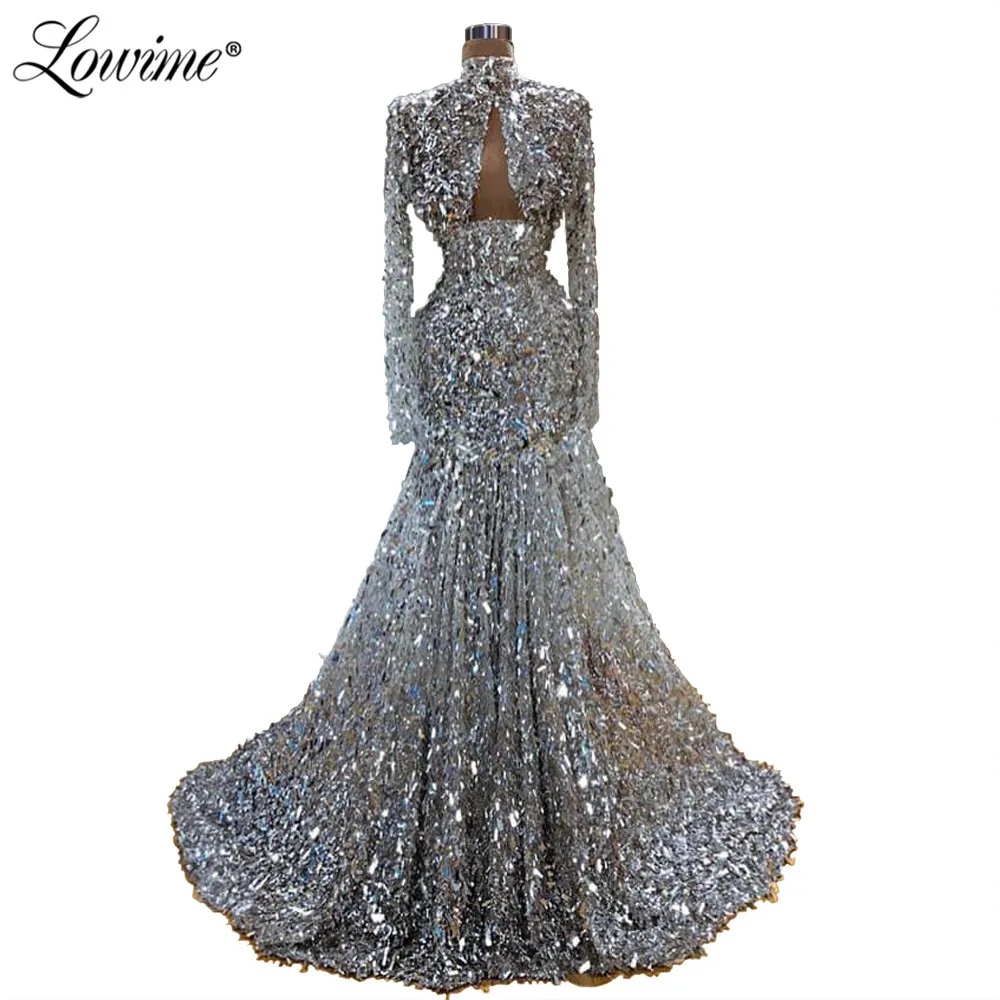 

Silver Sequins Wedding Party Dress Long Sleeves Mermaid Kaftans Evening Gowns 2020 Dubai Arabic Prom Dresses Abendkleider Custom