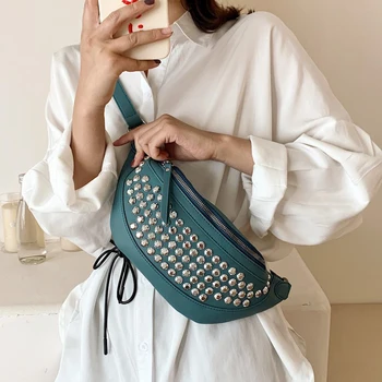 

2020 PU Leather Women Waist Bag Rivet Design Chest Bag Travel Shoulder Bags Girl Waist Belt Bags Fashion Phone Waist Pack Women