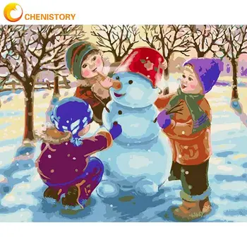 

CHENISTORY Kids And Snowman Christmas Landscape Painting By Numbers Kits Unique Festival Gift Framed Painting Kits Coloring Canv