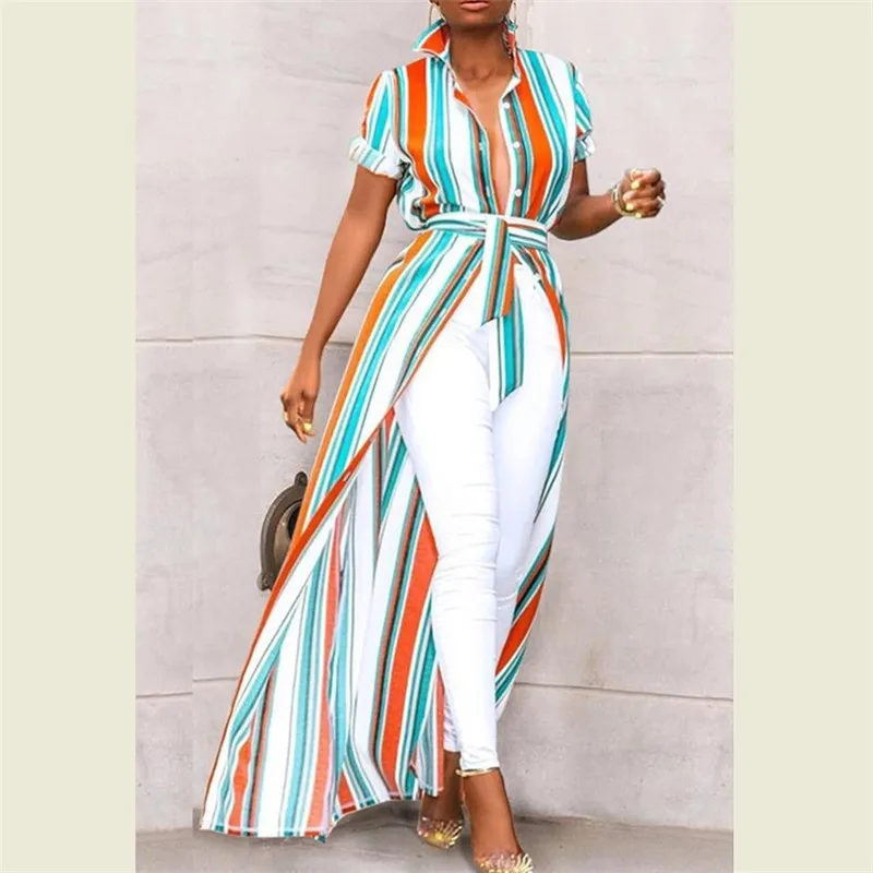 Short Sleeve Shirt Dress 2019 Summer Chiffon Boho Beach Dresses Women Casual Striped Print A-line Maxi Party Dress Vestidos New