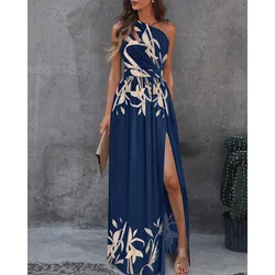 Vestido estampado de hombro inclinado para mujer, falda larga con abertura sexy sin mangas, temperamento