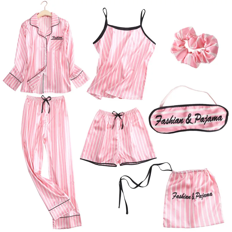 

Spring And Autumn Stripes Imitated Silk Fabric WOMEN'S Pajamas Seven Sets Comfortable Tracksuit Fashion Simple Pajamas Suit