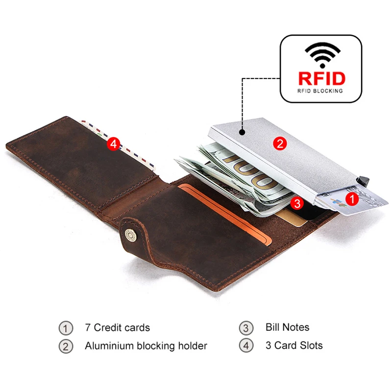 CONTACT'S RFID Blocking Crazy Horse Leather Men Wallet Credit Card Holder Aluminium Box for Men Women Automatic Pop Up Card Case