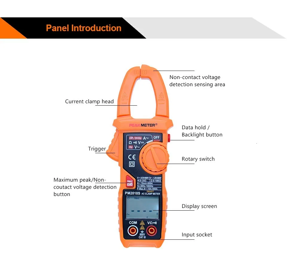 PEAKMETER Портативный Смарт AC Цифровой клещи мультиметр переменного тока Сопротивление напряжения непрерывность измерения тестер