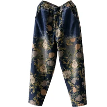 Осенние джинсы ретро женские джинсовые брюки с эластичной талией Новые женские повседневные джинсовые брюки с карманом и цветочным принтом свободные винтажные джинсовые брюки