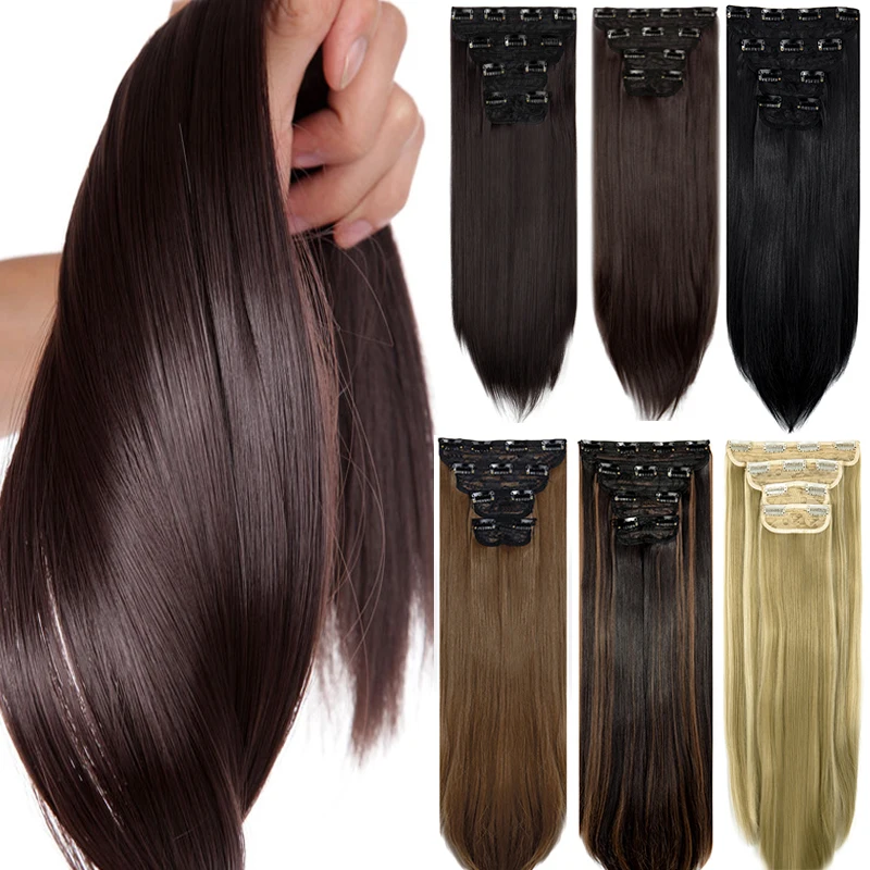 Hairpiece Clip-In Full-Head Straight Women for 4pcs-Set Curlywave Multi-Length