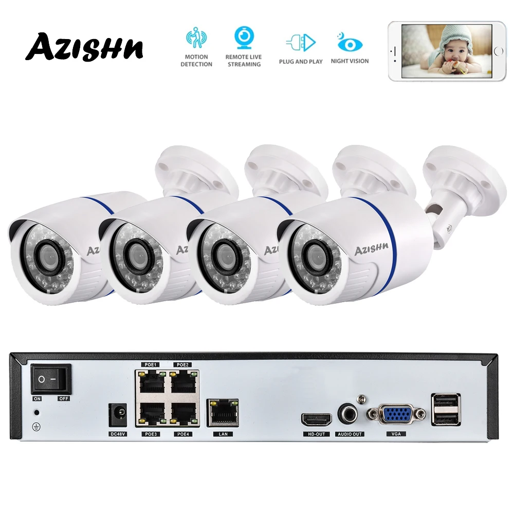 AZISHN 4CH 1080P HDMI 48 в POE 2MP NVR CCTV камера системы наружная безопасность 720P IP камера P2P система видеонаблюдения NVR комплект