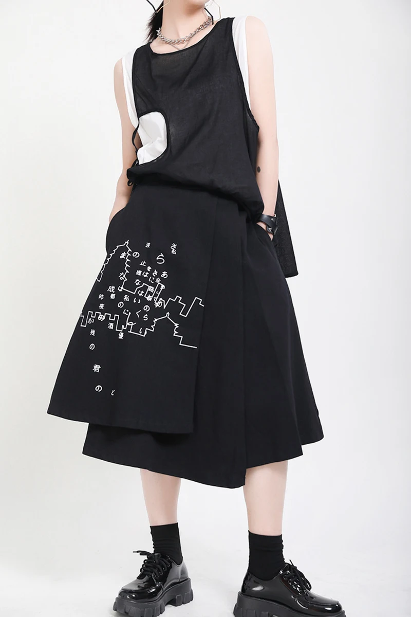 [EAM] High Elastic Waist Black Pattern Printed Irregular Half-body Skirt Women Fashion Tide New Spring Autumn 2020 1X349