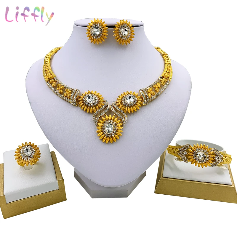 

African Jewelry Exquisite Sun Flower Embellished Crystal Necklace Earrings Ring Bracelet Charm Woman Indian Jewelry