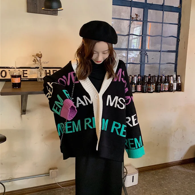 Neploe корейский Retro College стиль вязаное пальто Корейский осень зима женские буквы контрастного цвета v-образным вырезом кардиган свитер 55082