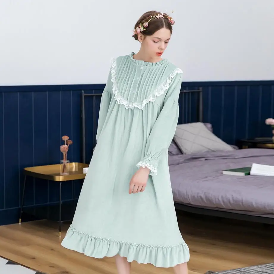 Light Green Женская зимняя фланелевая плотная ночная рубашка с длинным рукавом размера плюс, одежда для сна в стиле ретро, длинная ночная рубашка с оборками, домашняя одежда - Цвет: Light Green