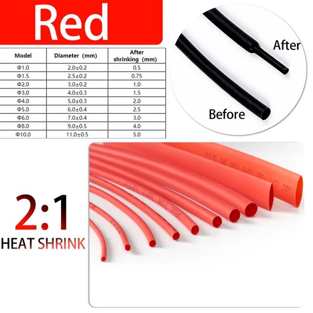 5 Meter 2:1 Black Red Green Blue Yellow 1 2 3 5 6 8 10mm Diameter Heatshrink Tubing Tube Sleeving Wrap Wire DIY Connector Repair Red