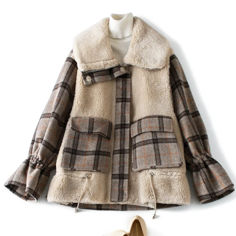 High-end Boutique Double-sided Fur Short Coat Female Winter New Fashion Check Wool Coat J10071 - Цвет: Khaki