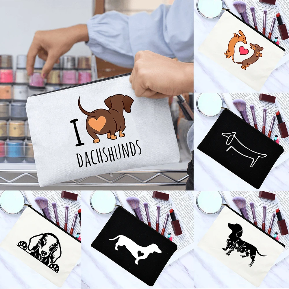 

I Love Dachshund Canvas Cosmetic Bag Zipper Toiletry Pouch Dog Mom Life Makeup Organizer Aesthetic Harajuku Storage Cloth Bags