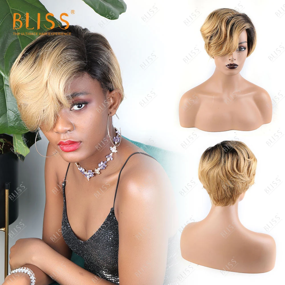 

BLISS Short Human Hair Wig With Bangs Brazilian Perruque Cheveux Pixie Cut Human Hair Waves Blonde Black For Women Machine Made