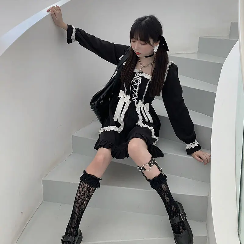 Lolita Costume Japanese Maid Cosplay Black and White Patchwork Anime Bow Tie Ruffle Mini Dress Loli Clothes Halloween Party CLub