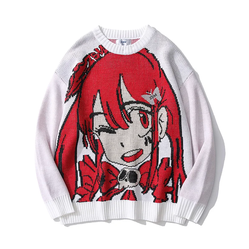 Harajuku Handsome Pullover Sweater Oversized Japanese Anime Cartoon Style Men and Women Print Knitted Sweater Long Sleeves Tops