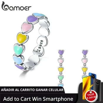 

BAMOER Authentic 925 Sterling Silver Jewelry Set Rainbow Heart to Heart Rings & Earrings Jewelry Sets Sterling Silver Jewelry