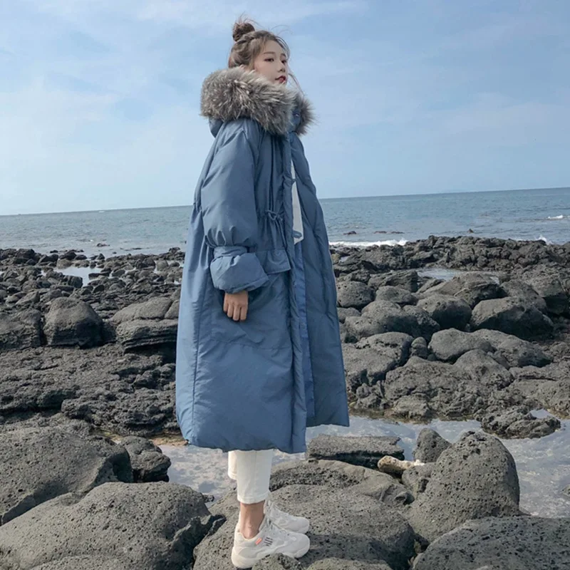 

Photo Shoot in Haze Blue Waist Hugging Drawstring down Coat CHIC Korean-style Single Breasted Large Fur Collar Hooded Cotton Ove