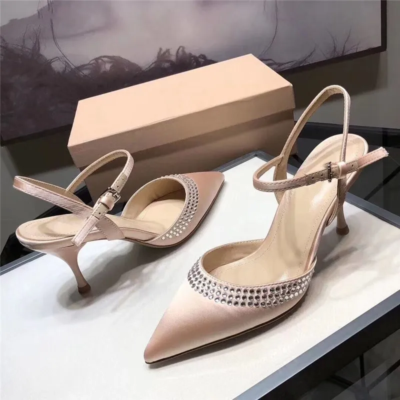 nude color Новая Стразы Эффектная вечерняя Обувь Для женщин насосы носок Туфли с ремешком и пряжкой; Zapatos De Mujer; большие размеры; Соблазнительные босоножки на высоком тонком каблуке женщина - Цвет: nude color