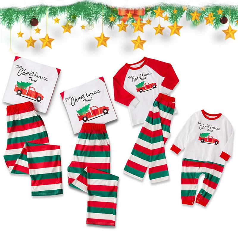 

2 PCS Family Matching Clothes for Christmas Pajamas Set Printed Stripe Bus Long Sleeve Xmas Sleepwear NSV775