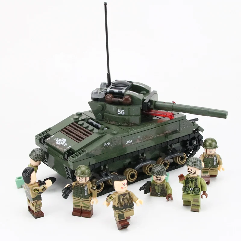 WW2 Military US Sherman M4 Tank Model Building Blocks US Army Soldiers Figures Weapons Accessories