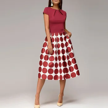 

Nice Pop Women Autumn Dress Polka Dot Round Neck Short Sleeves Slim Fit High Waist Dresses Pop 88
