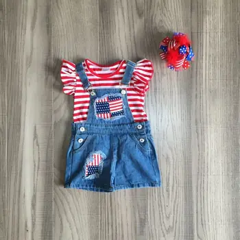 

baby kids Overalls outfits girl red stripe shirt with July 4th denim overalls children independence day set with bow