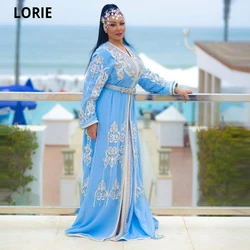 LORIE Sky Blue Moroccan KaftanEvening Gowns Plus Size Elegant Lace Applqued Beaded Arabic Dubai Muslim Special Occasion Gowns