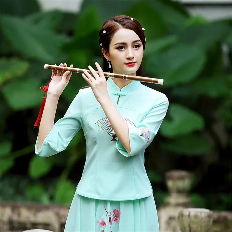 Женская улучшенная Cheongsam топы весна и лето с рукавами 1/2, вышивкой короткий костюм Тан Топ Китайская традиционная одежда - Цвет: Green