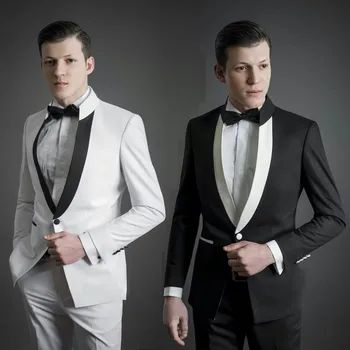 

Mens Suits for Wedding Black Groom Tuxedo White Costume Homme Stand Collor Groomsmen Blazer 2Piece Terno Masculino Traje Hombre