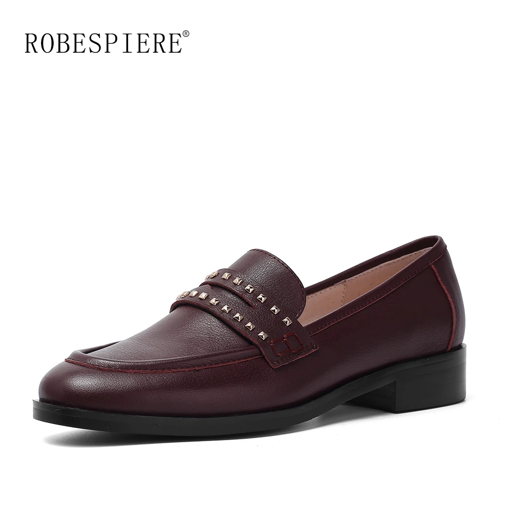 

ROBESPIERE New Genuine Leather Flat Women Shoes European Style Rivet Low Heel Loafers Ladies Slip On Round Toe Casual Flats A151