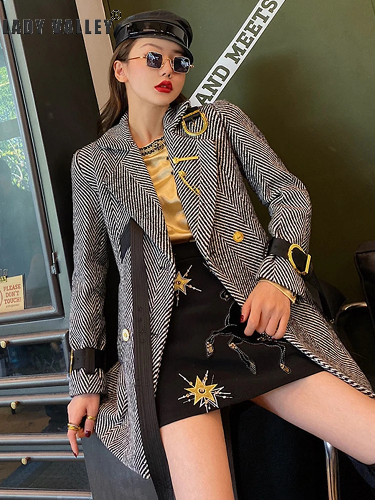 

Personality diagonal strap suit collar herringbone woolen coat lady autumn and winter loose fashion temperament wild