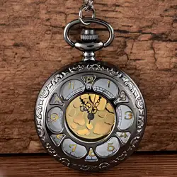 Винтаж Шарм черный унисекс модные римские номер полые кварцевые стимпанк карманные часы для женщин мужское ожерелье с подвеской с